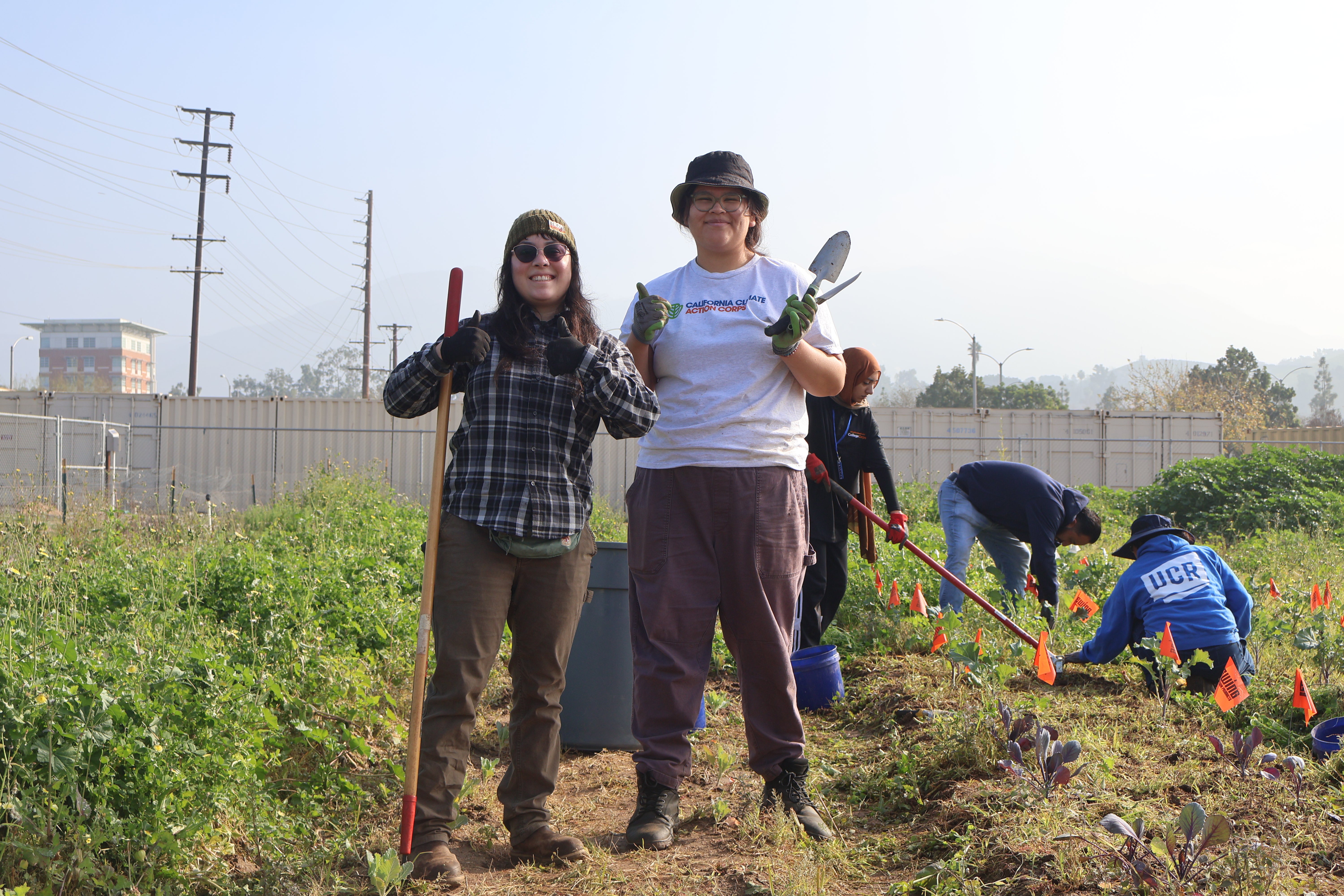 Two people standing in a garden