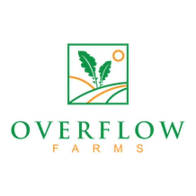 Green plants in a box over text reading "overflow farms" 